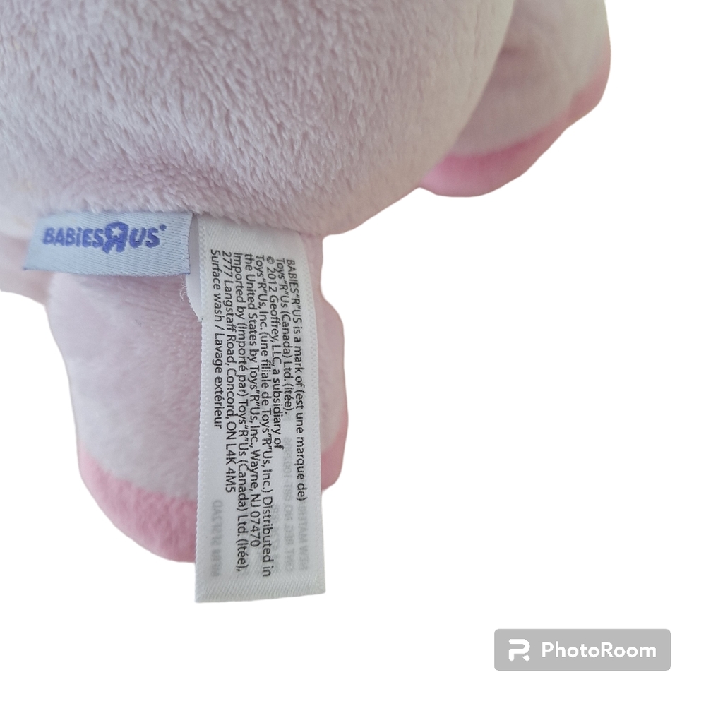 Babies R Us Pink Elephant Plush Stuffed Animal White Polka Dot Ears Striped Bow - Picture 3 of 8